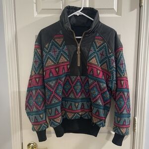 Skiing Passport Vintage Unisex 100% Wool Pullover 1/4 Zip Aztec Print Sweater M